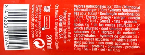 100% Tomato Juice 200ML Bottle